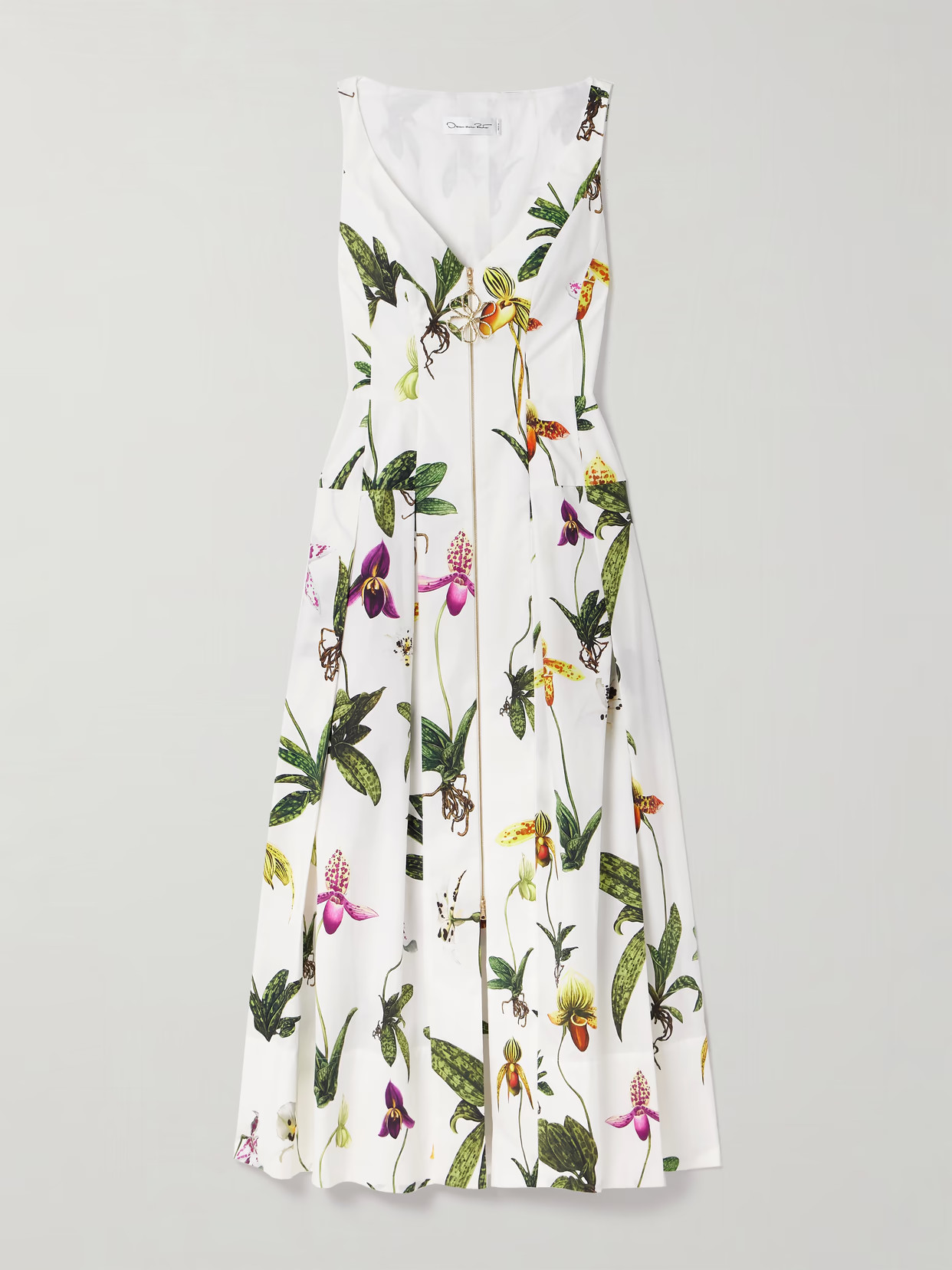 Oscar de la Renta - Pleated Floral-print Cotton-blend Poplin Midi Dress - White | NET-A-PORTER (US)