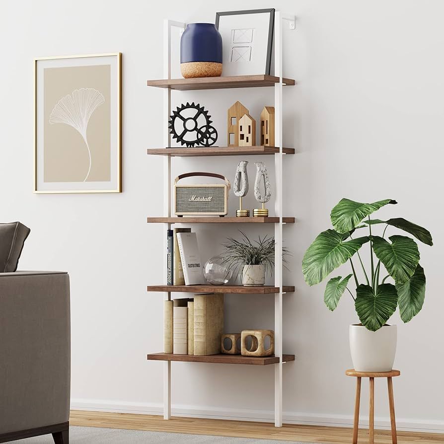 Nathan James Theo 5-Shelf Wood Modern Bookcase, Open Wall Mount Ladder Bookshelf with Industrial ... | Amazon (US)