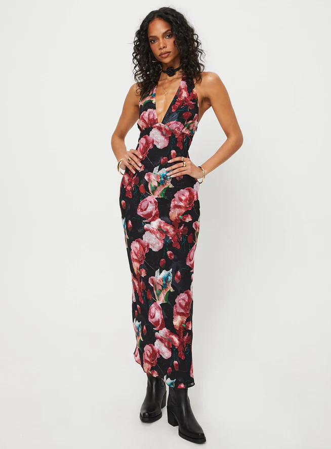 Moulin Halter Maxi Dress Black / Red Floral | Princess Polly US