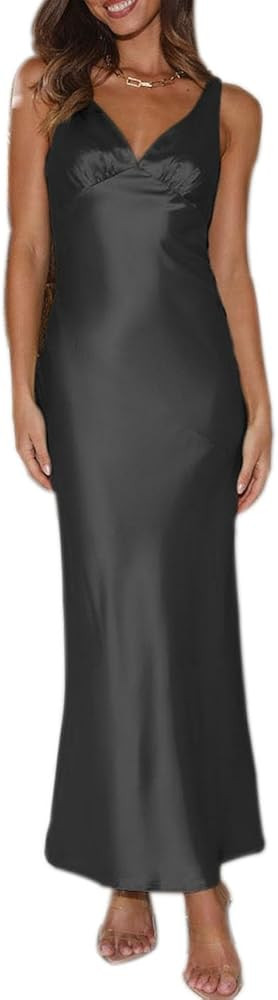 Womens Elegant Satin V Neck Backless Sleeveless Maxi Dress Silk Tie Low Back Formal Cocktail Dres... | Amazon (US)