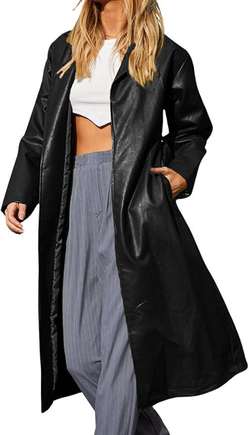 loveimgs Women's Button Down Lapel PU Leather Trench Coat Trendy Full Length Long Sleeve Faux Lea... | Amazon (US)