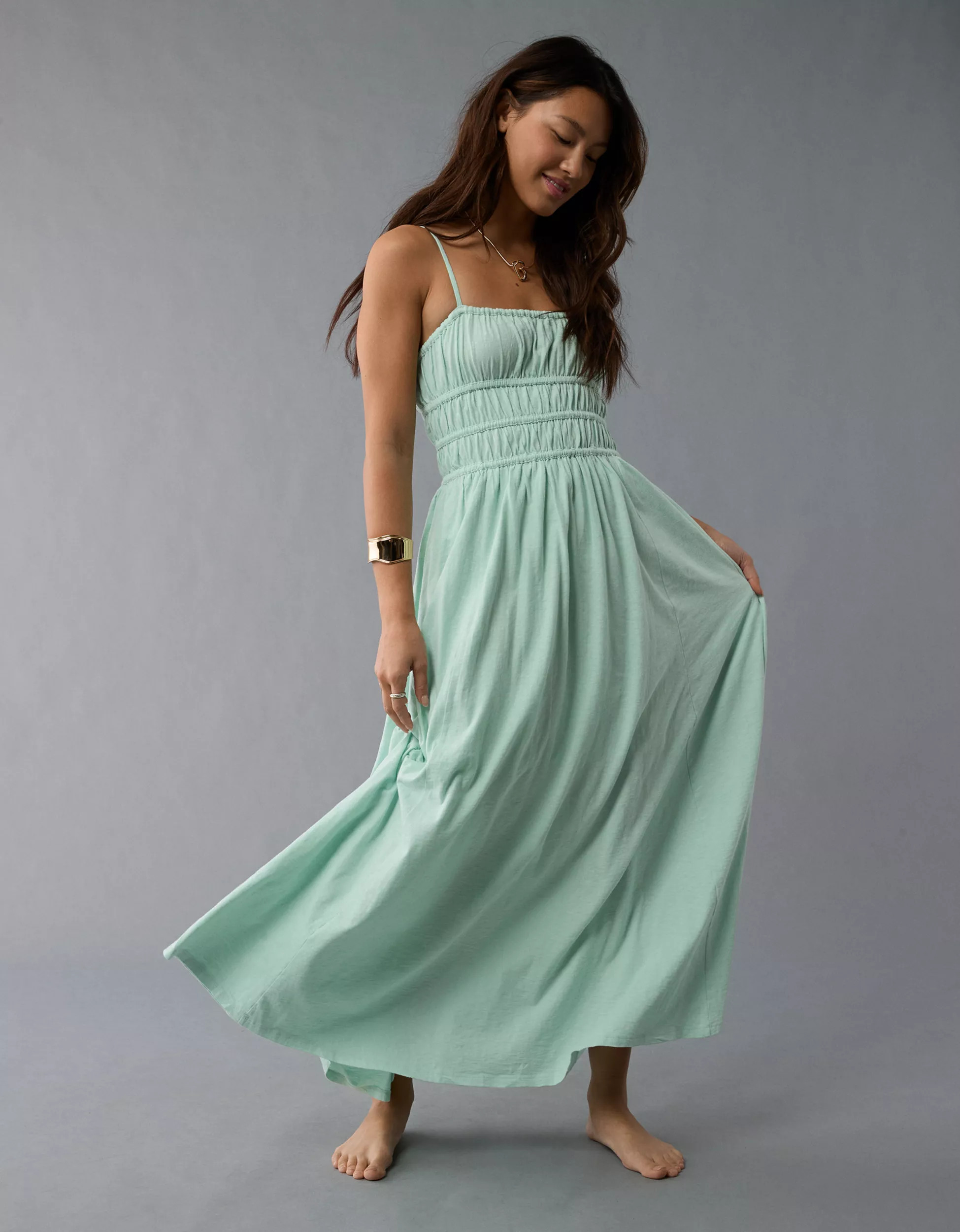 AE Sunchaser Knit Smocked Bodice Midi Dress | American Eagle Outfitters (US & CA)