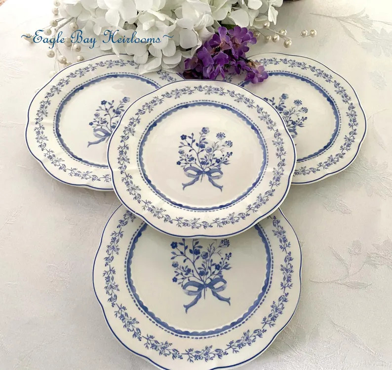 Set 4/Blue Floral & Ribbons Salad Plates, Scalloped Blue Trimmed Rim, Fine Porcelain 8.25" | Etsy (US)