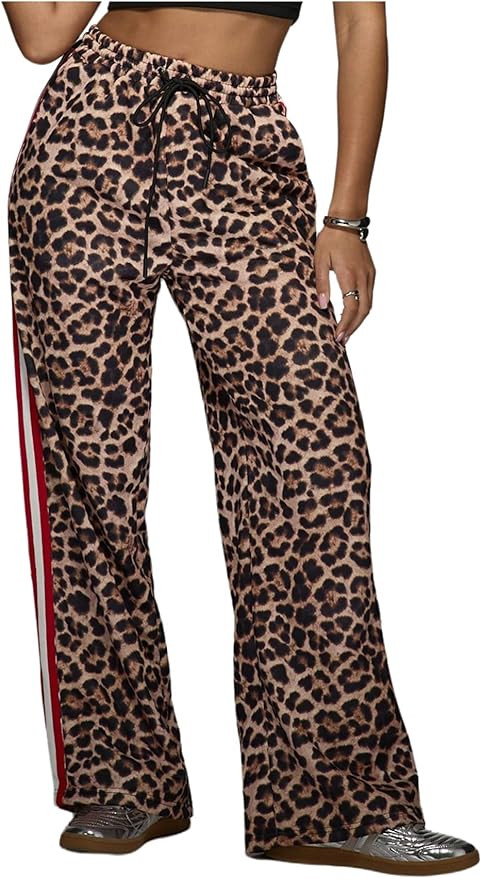 WDIRARA Women's Y2k Leopard Print Pants Elastic Waist Wide Leg Pants Trousers Bottoms | Amazon (US)