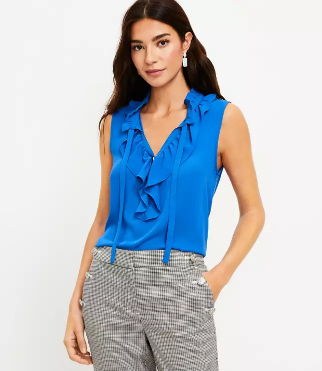 Ruffle Tie Neck Mixed Media Shell | LOFT