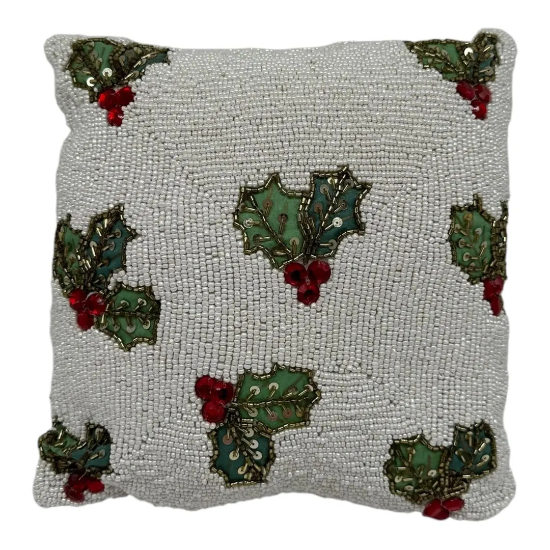 Beaded Christmas Pillow  Holly Leaves & Berries  11” x 11” Beautiful!! | Etsy (US)