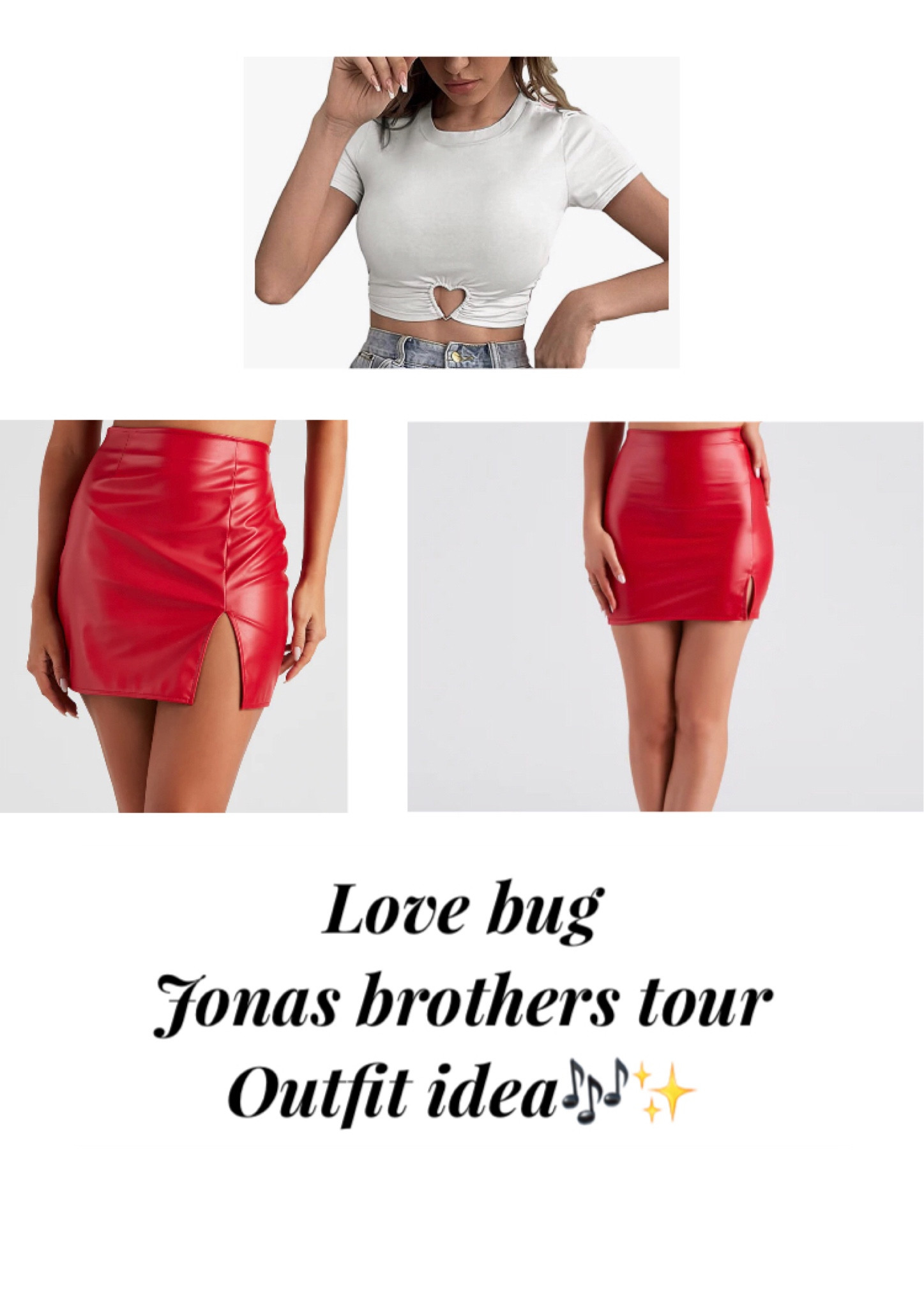 Jonas brothers tour outfit idea inspired by love bug🎶✨ #jonasbrothertouroutfits #jonasbrotherconcertoutfitideas #jonasbrotherconcertoutfits #lovebugoutfit #hearttop #redleatherskirt #leatherskirt #concertoutfitidea