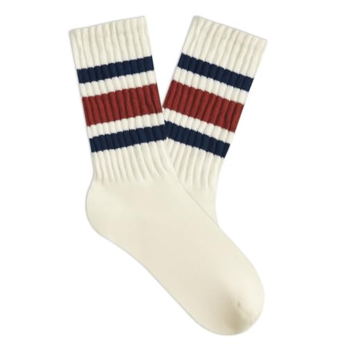 American Trends Womens Crew Socks Striped Athletic Socks Vintage Slouch Solid Color Mid Calf Tube Socks 1Pack-Navy Red | Amazon (US)