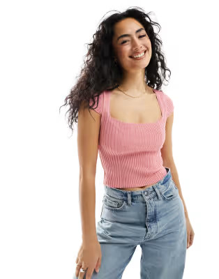 ASOS DESIGN knitted square neck fitted cap sleeve top in pink | ASOS (Global)
