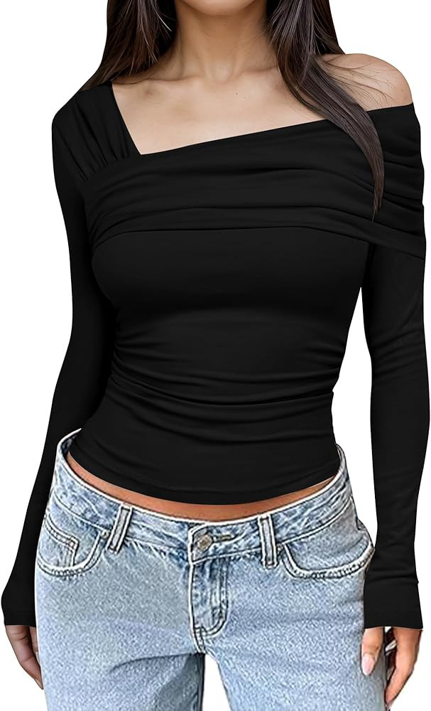 Rapbin Womens One Off Shoulder Long Sleeve Tops Ruched Y2K Slim Fit Shirts Going Out Top | Amazon (US)
