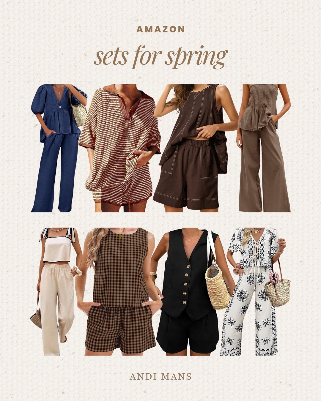 Amazon spring sets that I’m loving right now. Neutral tones, cool patterns, and an easy outfit to toss on! Plus, all of these sets are under $60.

#LTKdayinmylife #LTKgrwm #LTKootd