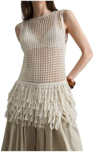 Milumia Women's Hollow Out Fringe Knitted Tank Top Sexy Sheer Sleeveless Long Sweater Vests | Amazon (US)