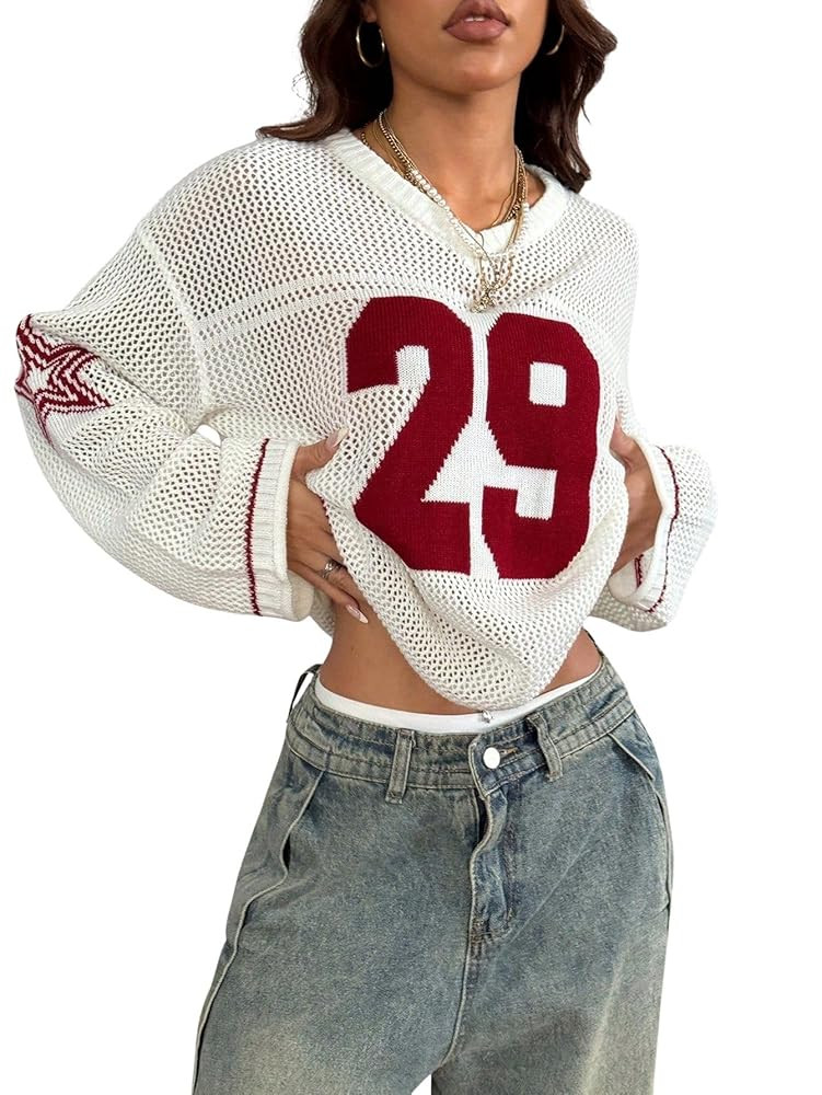 Verdusa Women's Y2k Clothes Going Out Tops Oversized Crochet Jersey Shirts Graphic V Neck Pullove... | Amazon (US)