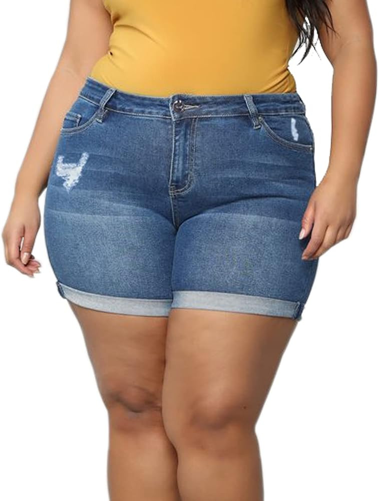 Sghenr Plus Size Women's Ripped Denim Jean Shorts High Waisted Stretchy Folded Hem Short Jeans | Amazon (US)