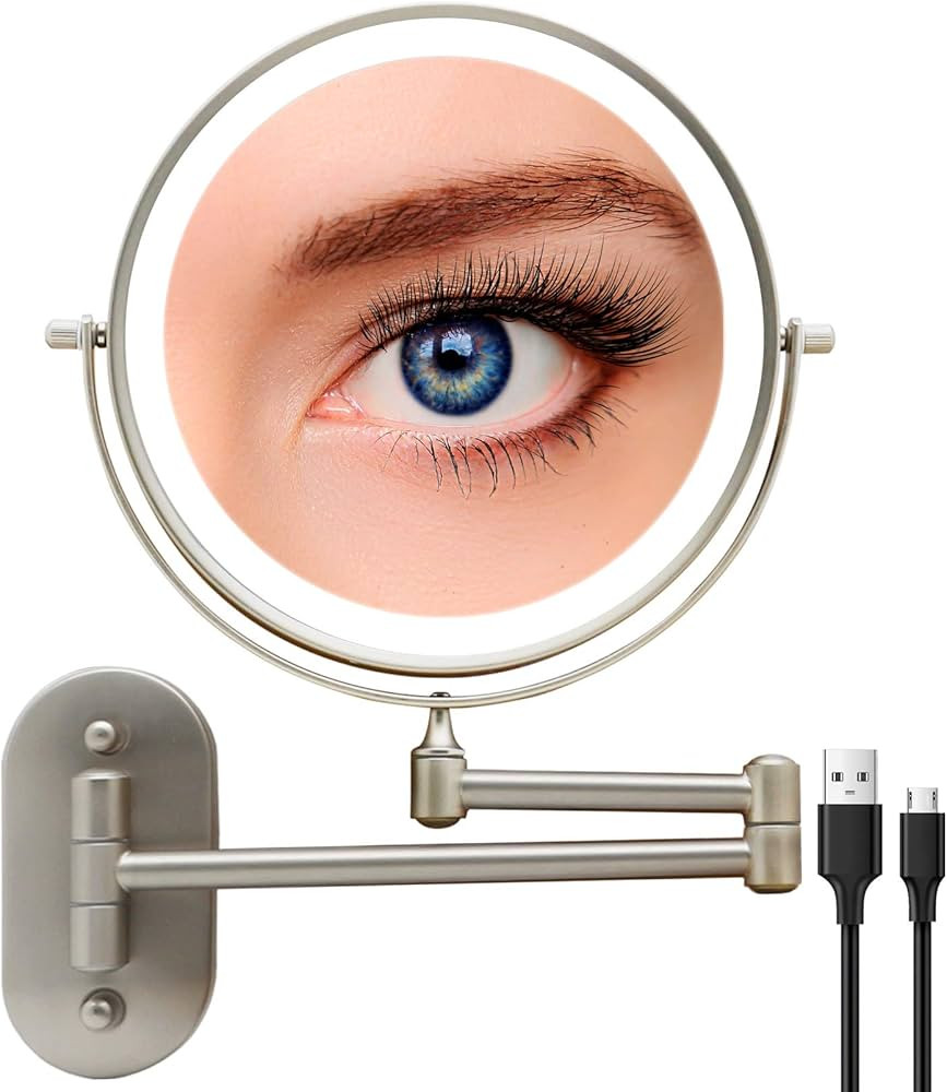 Rechargeable Lighted Makeup Mirror Wall Mount, 8'' Double Side 1X 10X Magnifying Makeup Mirror wi... | Amazon (US)