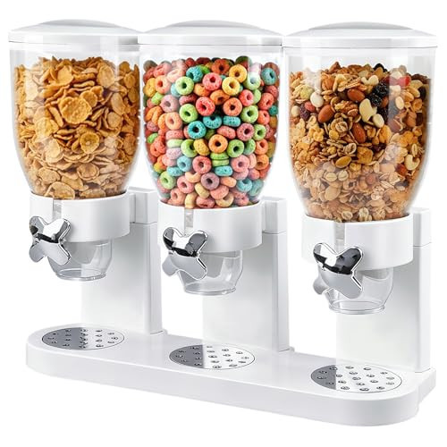 Adorabby Triple Cereal Dispenser Countertop 2L, Airtight Cereal Containers Storage, Large Capacity Total 6L for Kitchen Pantry, Rotating Dry Food Dispenser for Candy, Nut, Coffee Beans, White | Amazon (US)