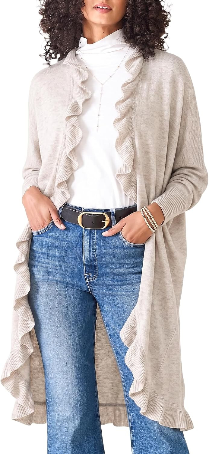 Hixiaohe Long Cardigan Sweater for Women with Ruffle Trim Knit Open Front Cocoon Wrap Casual Elegant Office Dress Outfits | Amazon (US)