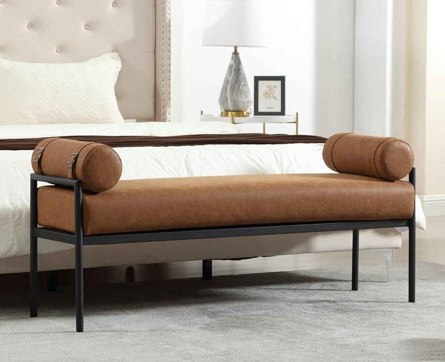 Brown Leather Modern End of Bed Bench Upholstered Entryway Bench with Detachable Cylindrical Pill... | Amazon (US)