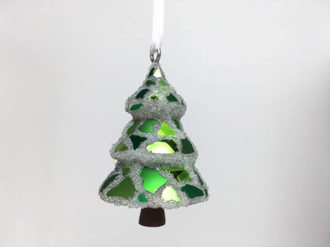 Mosaic Snowy Christmas Tree Glass Clear Microbeads Holiday home Decor Green Metallic Winter Ornam... | Etsy (US)