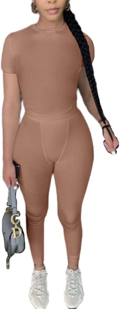 AYWA Two Piece Outfits for Women Fitted Crew Neck T-shirt High Waist Leggings Biker Shorts Matchi... | Amazon (US)