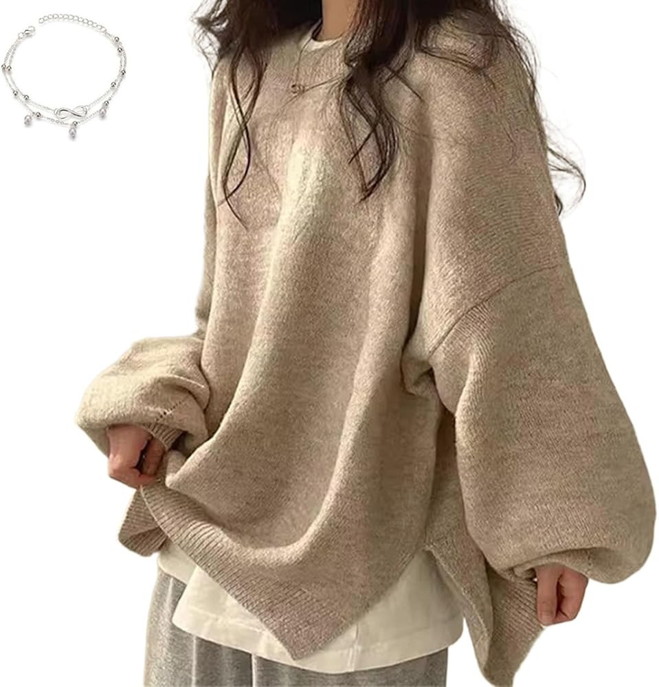 Women's Solid Knitting Split Hem Crewneck Jumper, Womens Drop Shoulder Split Hem Sweater, Loose K... | Amazon (US)