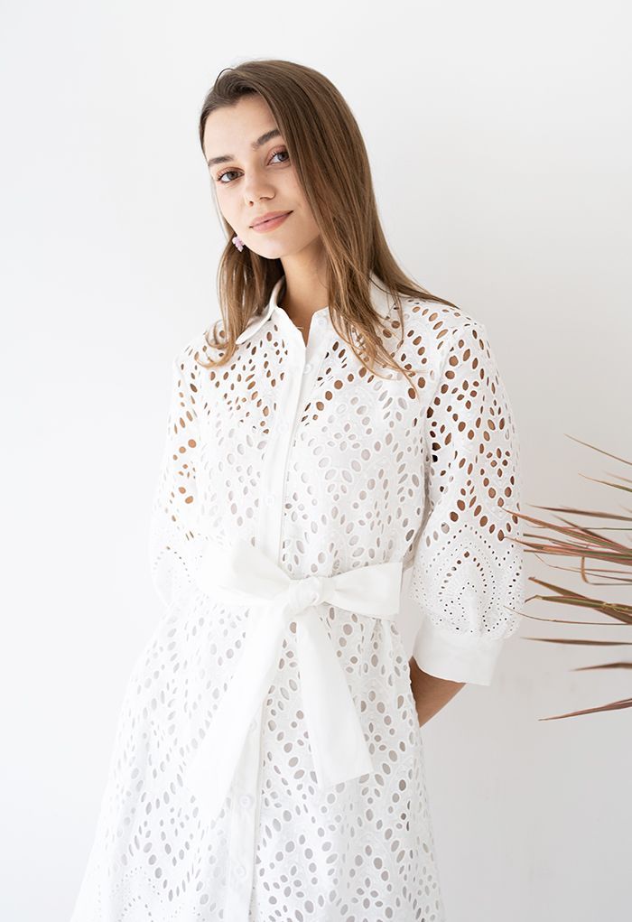 Diamond Eyelet Crochet Button Down Dress in White | Chicwish