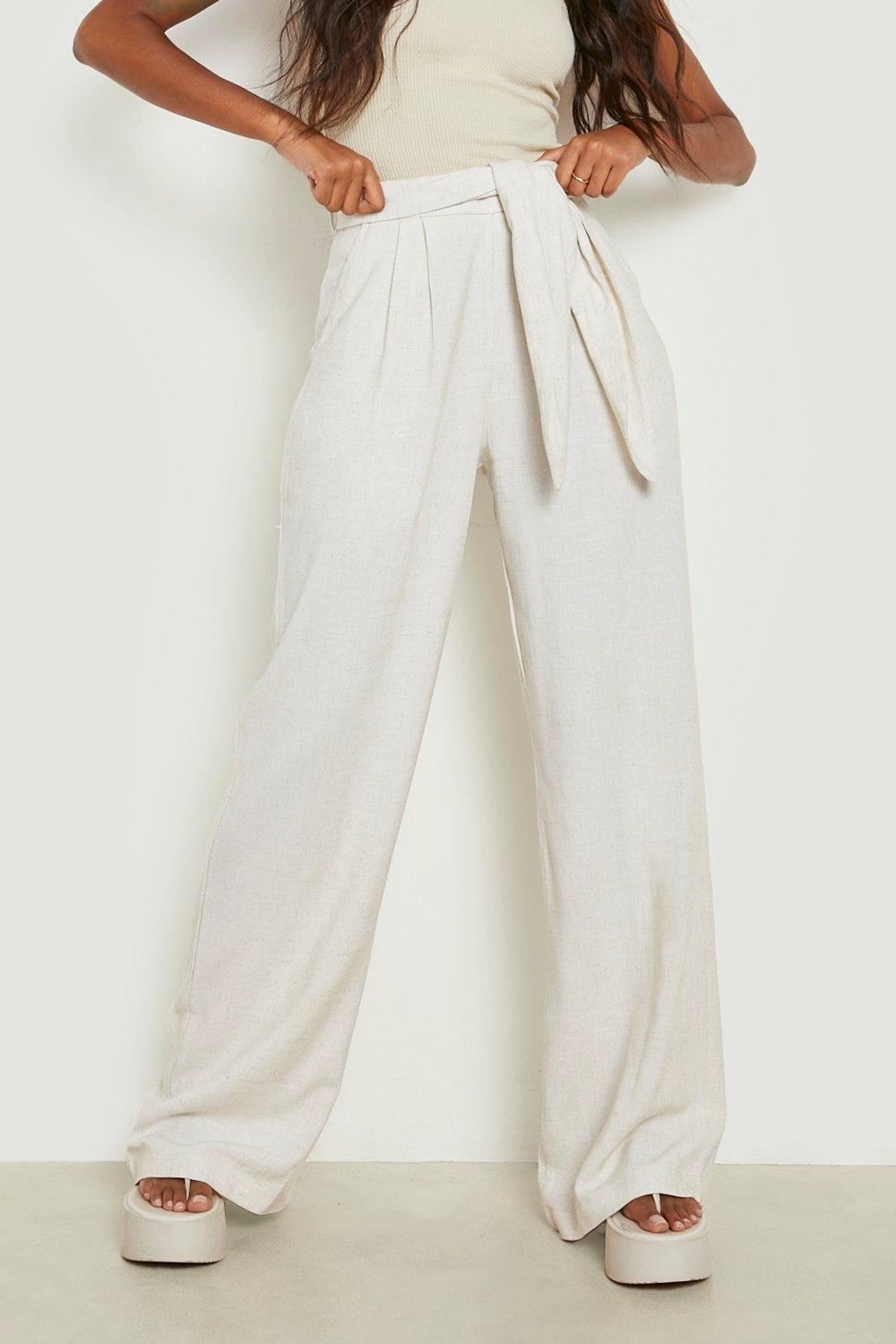 Linen Look Tie Waist Wide Leg Trousers | Boohoo.com (US & CA)