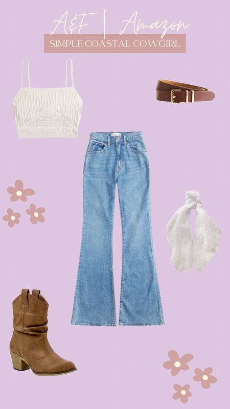 Trendy simple coastal cowgirl fit from Abercrombie and Amazon! Take advantage of A&F spring sale before it ends! Cowgirl, cowgirl boots, crocheted top, flare jeans, scrunchie scarf, clean girl

#LTKsalealert #LTKSeasonal #LTKSpringSale