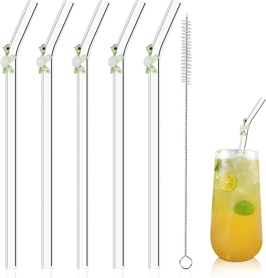 Olpchee 5 Pcs Reusable Straws Clear Glass Straws Colorful Turtle Design Size 7.8" x 8mm with 1 Cl... | Amazon (US)
