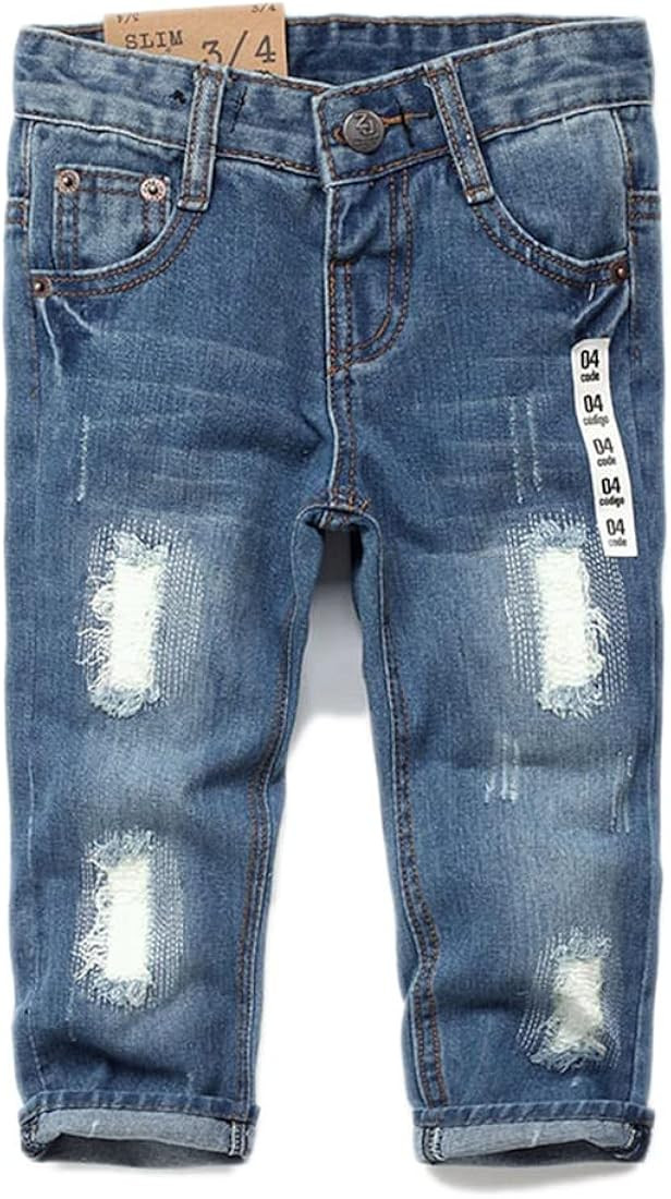 KIDSCOOL SPACE Baby Girl Boy Slim Jeans,D Ring Elastic Band Inside Ripped Denim Pants | Amazon (US)