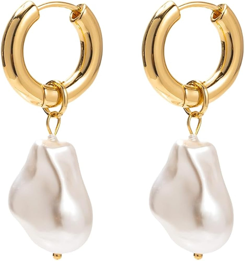 Gold Huggie Hoop Earrings with Charms Baroque Pearl Drop Dangle Earrings for Women, 2-in-1 Chunky... | Amazon (US)
