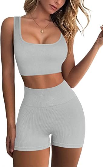 Amazon.com: QINSEN Workout Sets for Women 2 Piece Seamless Ribbed Crop Tank High Waist Shorts Yog... | Amazon (US)