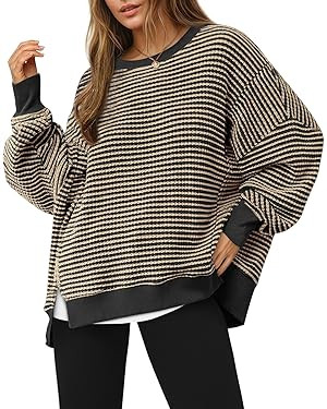 Fisoew Women's Fall Oversized Sweatshirt Casual Waffle Knit Long Sleeve Crewneck Split Pullover T... | Amazon (US)