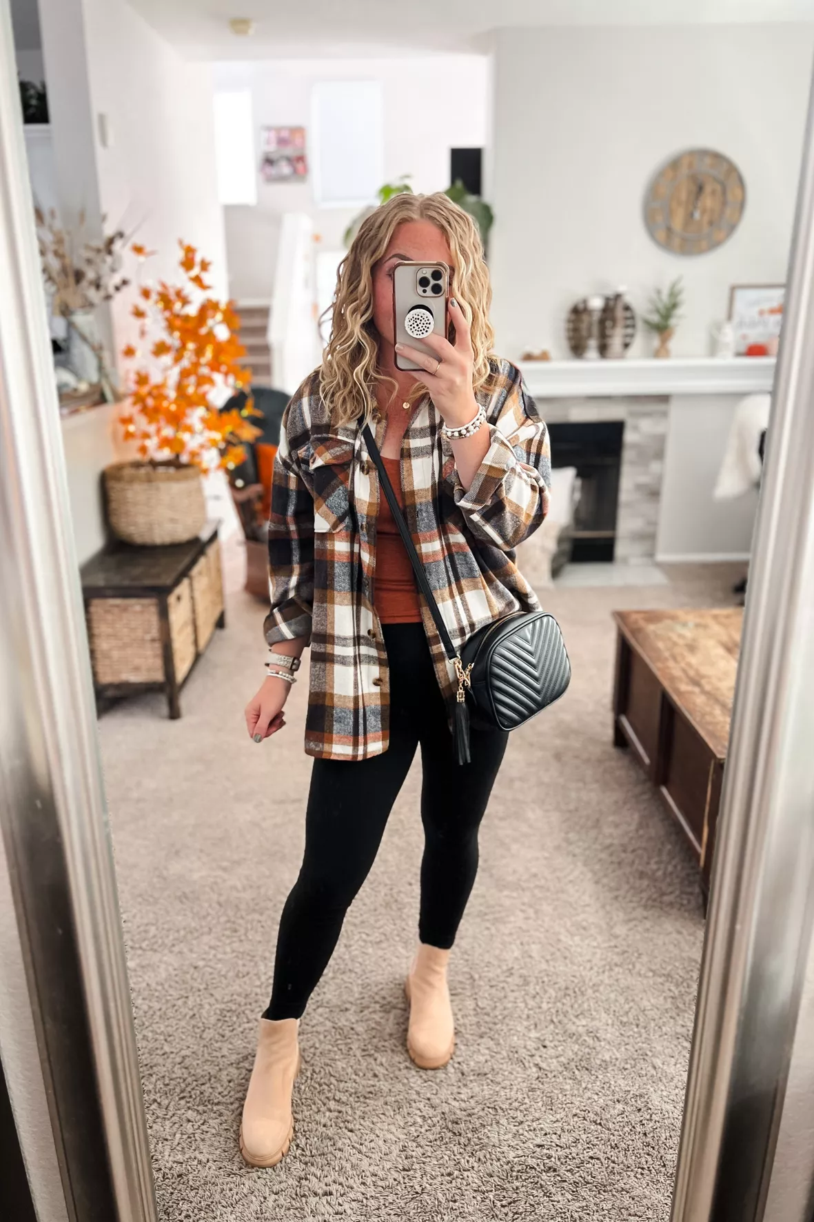 High neck tank, flannel, leggings outfit