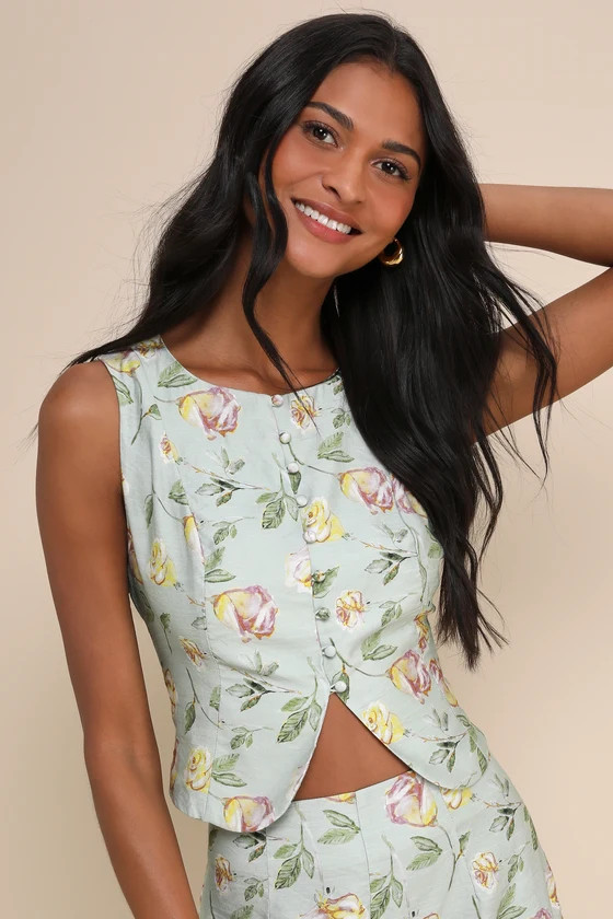 Noticeably Perfect Sage Green Floral Button-Up Lace-Up Tank Top | Lulus