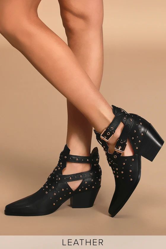 Brenda Black Leather Studded Cutout Ankle Booties | Lulus (US)