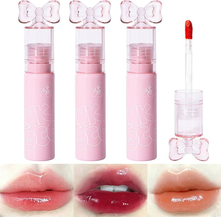 3 Colors Cute Bow Lip Gloss Pack, Kawaii Makeup Set Glossy Tinted Lip Stain, Mirror Hydrating Lip... | Amazon (US)