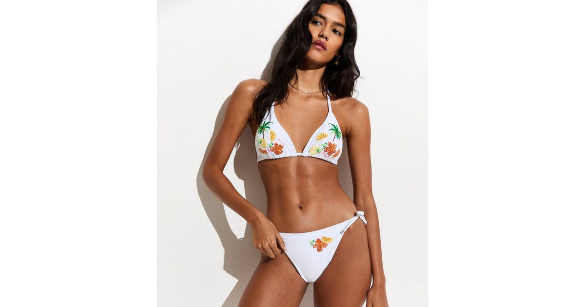 White Floral Beaded Tie Side Bikini Briefs | New Look | New Look (UK)