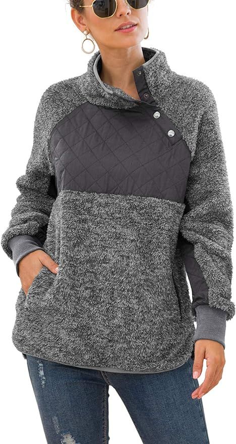 VIISHOW Women's Long Sleeves Quilt Coat Turtleneck Oblique Button Neck Sherpa Fleece Pullover Swe... | Amazon (US)