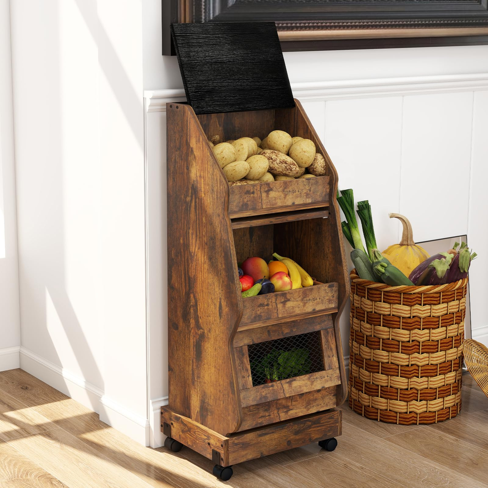 ARTETHTS Potato Storage Bin Movable Bread Box with Lid Rustic and Wheels Onion Organizer with Gro... | Amazon (US)