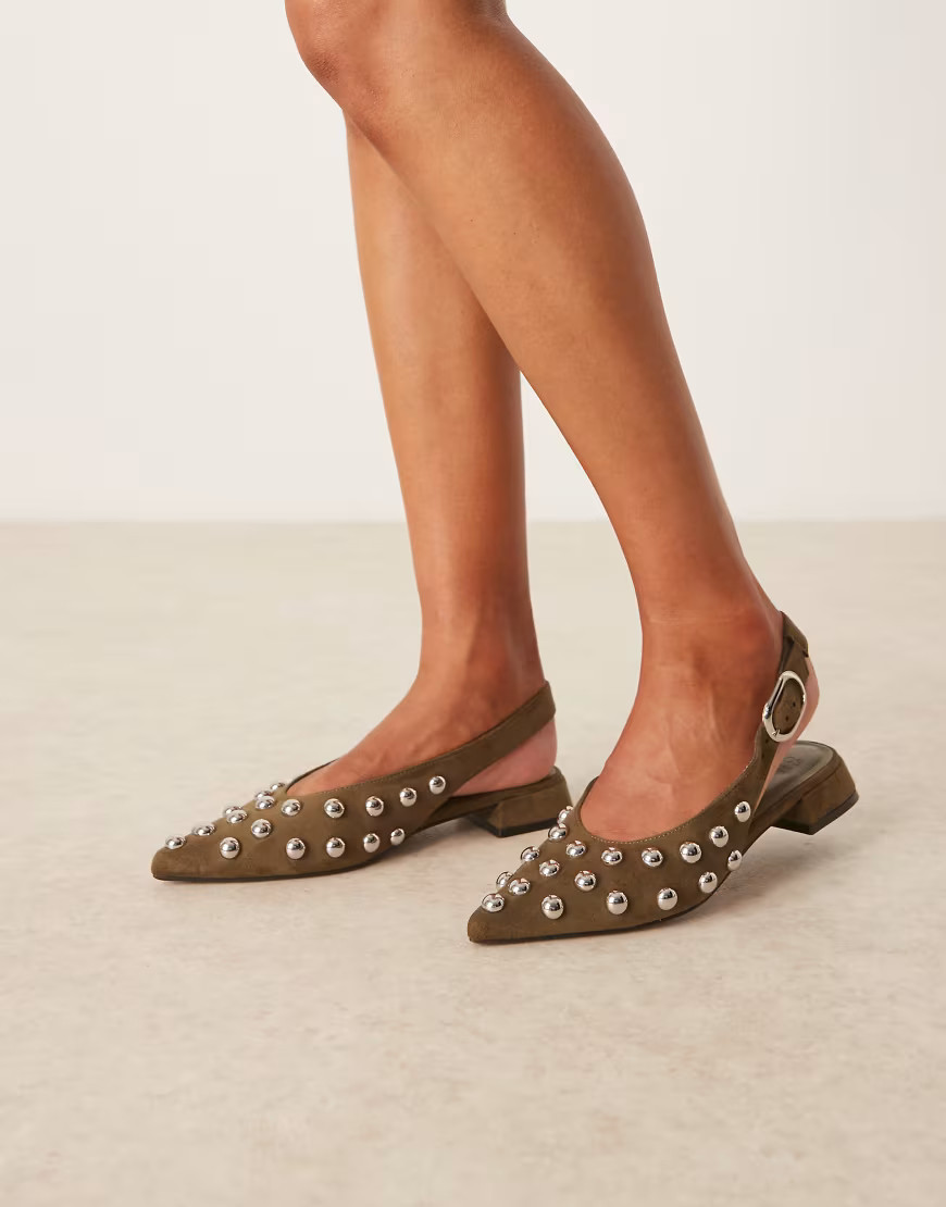 ASOS DESIGN Leonora studded slingback ballets in olive suedette-Green | ASOS (Global)