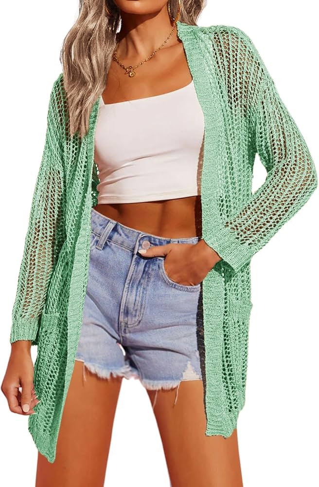Zeagoo Women 2024 Lightweight Crochet Cardigan Long Sleeve Open Front Knit Sweater Summer Kimono ... | Amazon (US)