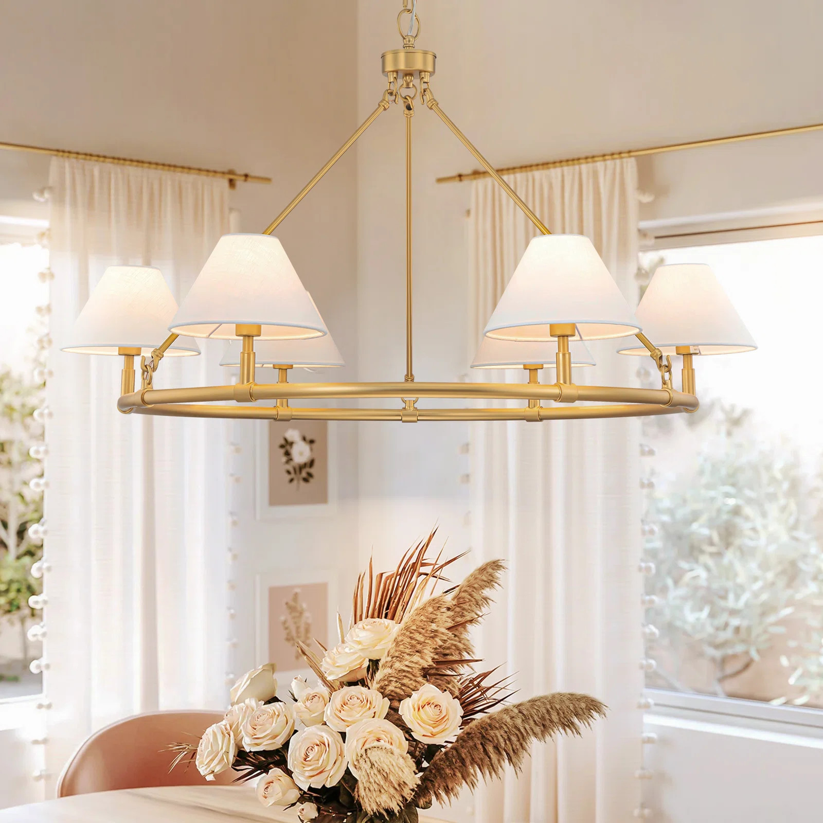 6 - Light Dimmable Farmhouse Wagon Wheel Classic / Traditional Chandelier With White Shade | Wayfair North America