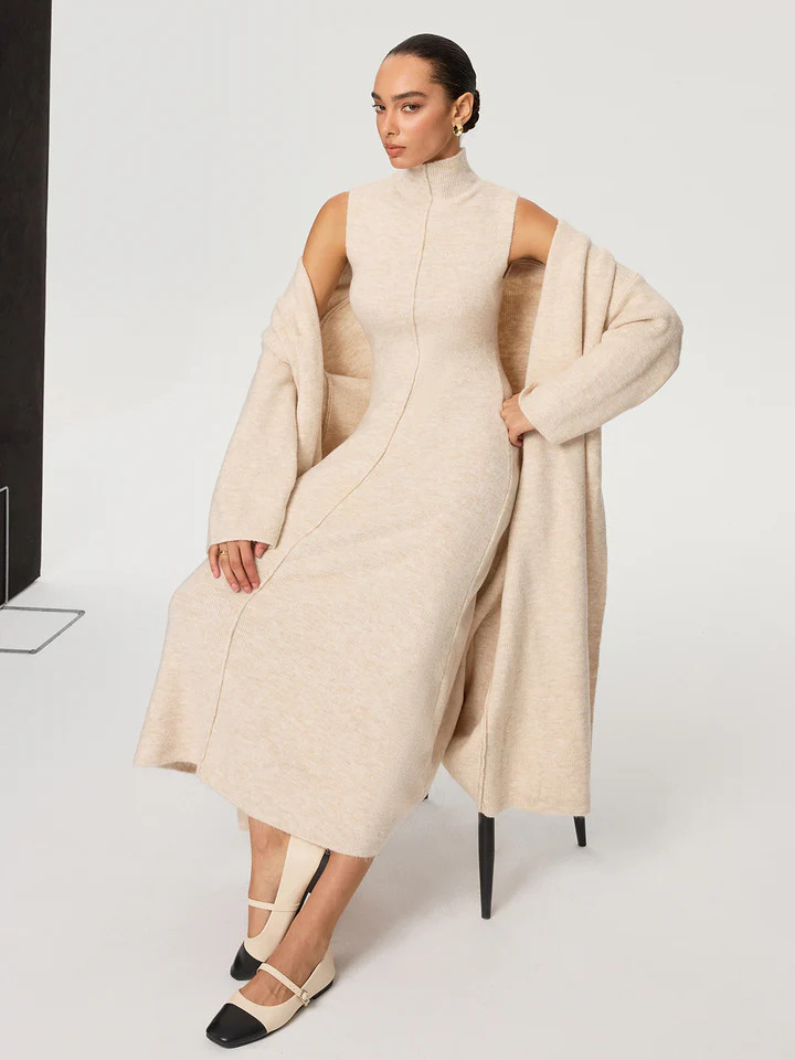 Knit Coat and Turtleneck Sleeveless Dress Two-Piece Set | Commense