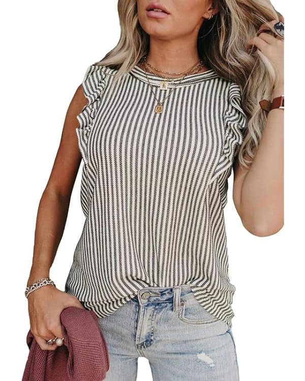 SHEWIN Summer Tops Crewneck Tank Tops for Women 2025 Casual Ruffle Sleeveless Tops Shirts | Amazon (US)