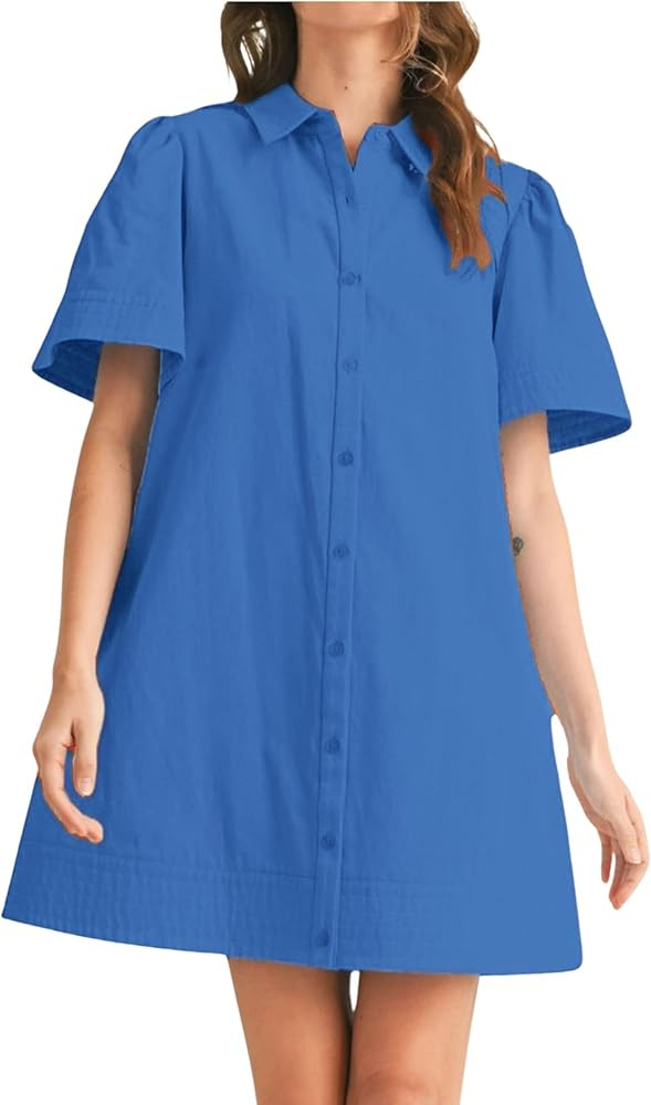 Womens Short Sleeve Button Down Mini Shirt Dress Lapel Collar Short Dresses with Pocket | Amazon (US)