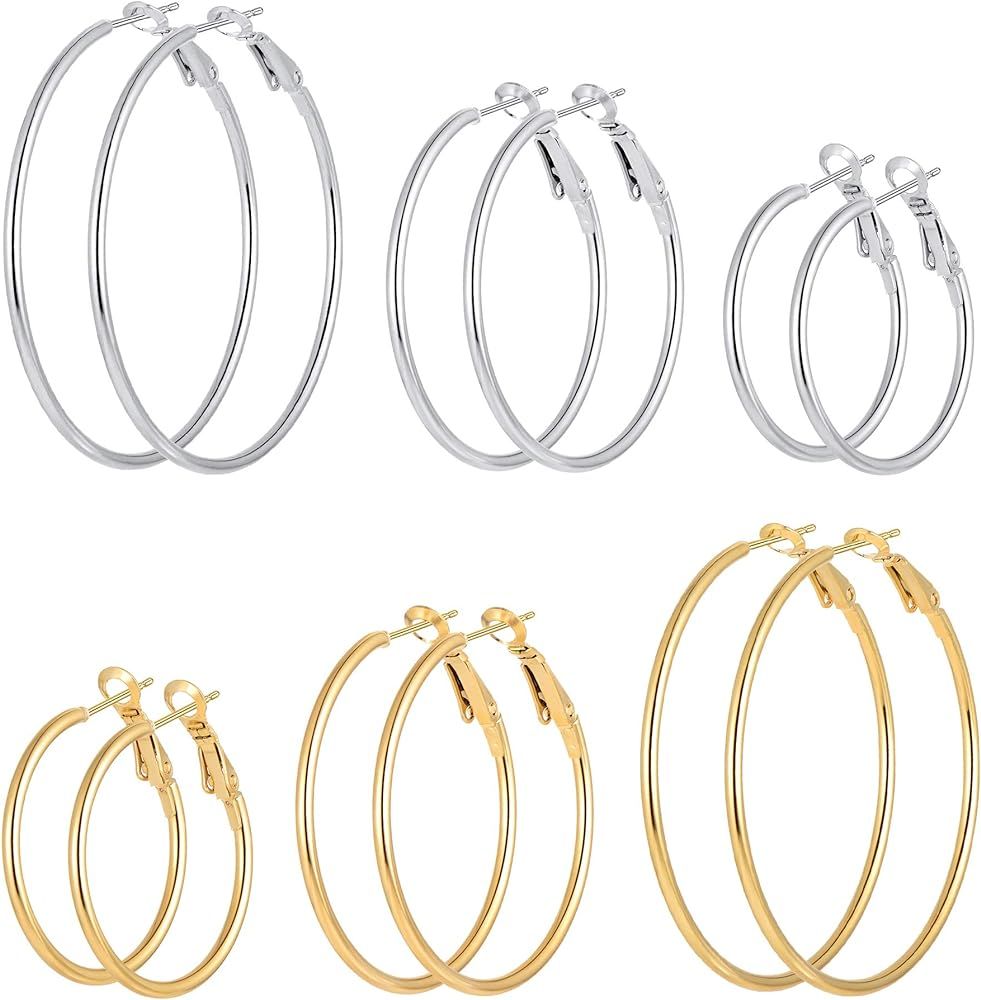 Amazon.com: 6 Pairs Stainless Steel gold silver Plated Hoop Earrings for Women Girls, Hypoallerge... | Amazon (US)