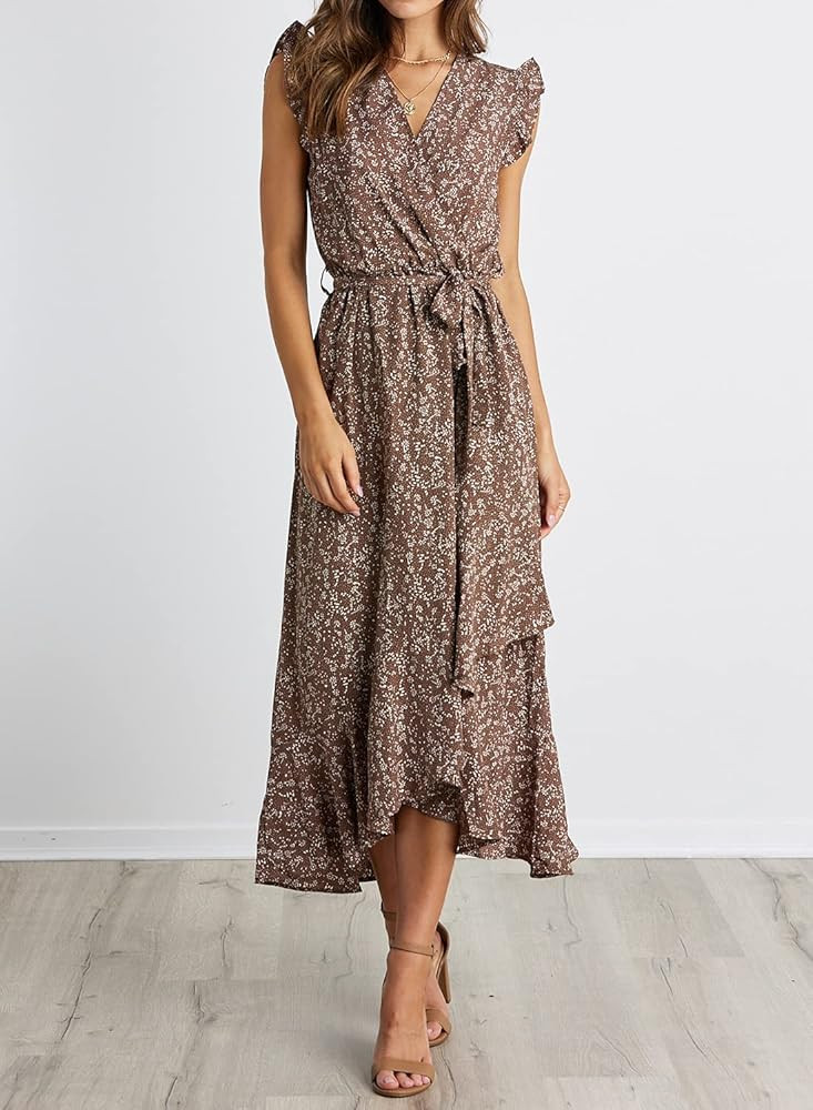 BTFBM Women's Summer Dresses Ruffle Cap Sleeveless V Neck Boho Floral Print Wrap Side Split Long Bea | Amazon (US)