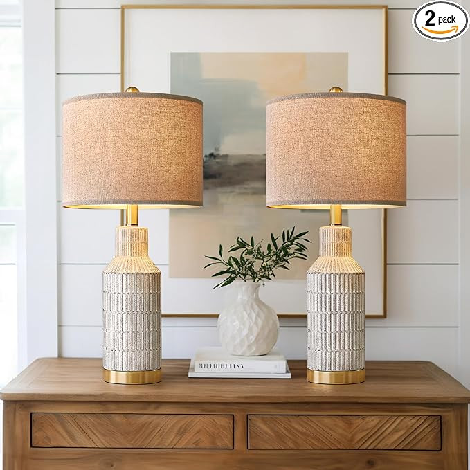 25" Table Lamps Set of 2 - Bedside Lamps - Modern Lamps for Living Room - White Washed Ceramic Be... | Amazon (US)