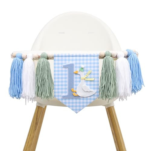 Silly Goose High Chair Banner - Goose Theme 1st Birthday Decor, Blue Gingham Style Yarn Tassel Banner | Amazon (US)